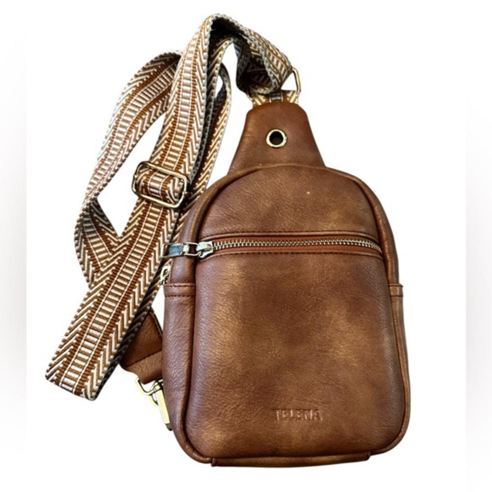 Telena Small Sling Bag Vegan Leather Crossbody Adjustable Woven Strap Brown